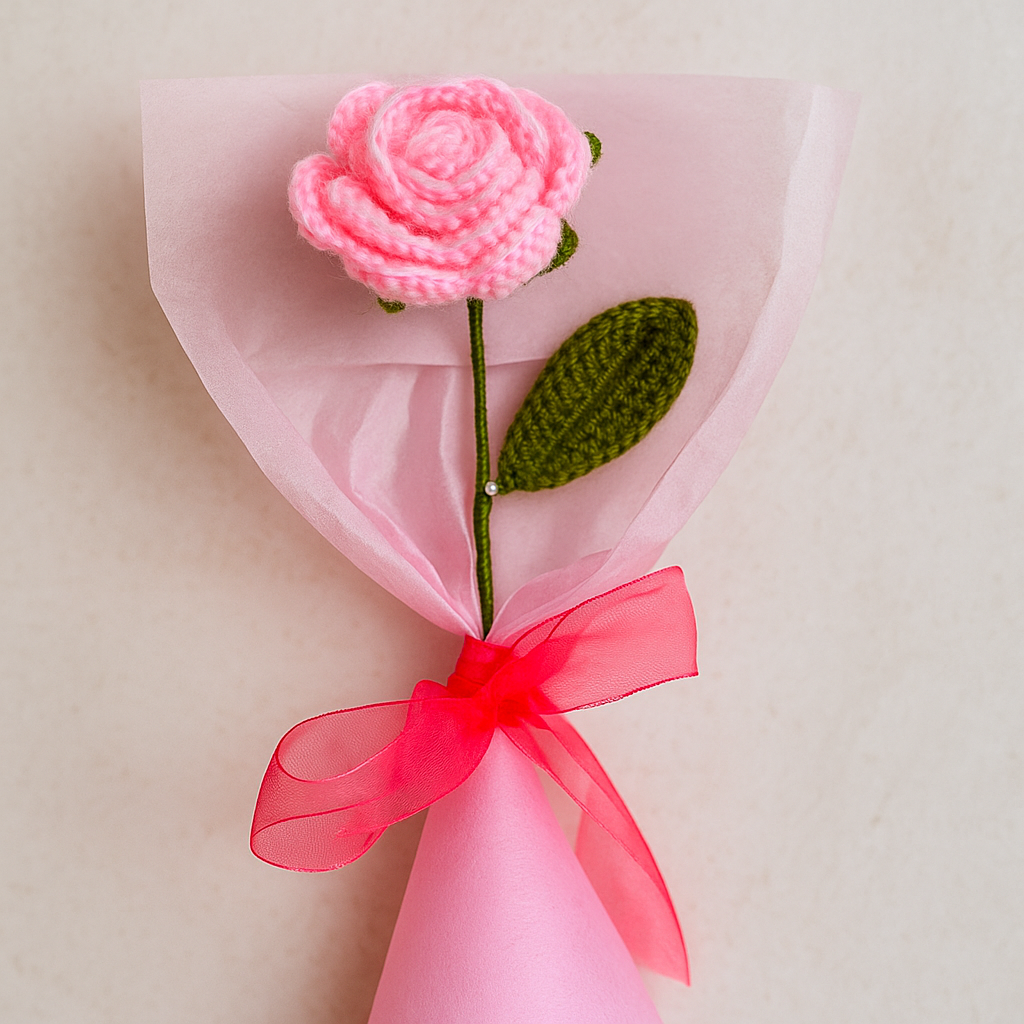 Handmade Crochet Pink Rose Bouquet