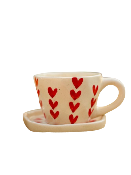 Red Heart Ceramic Mug with Saucer – Sip with Love