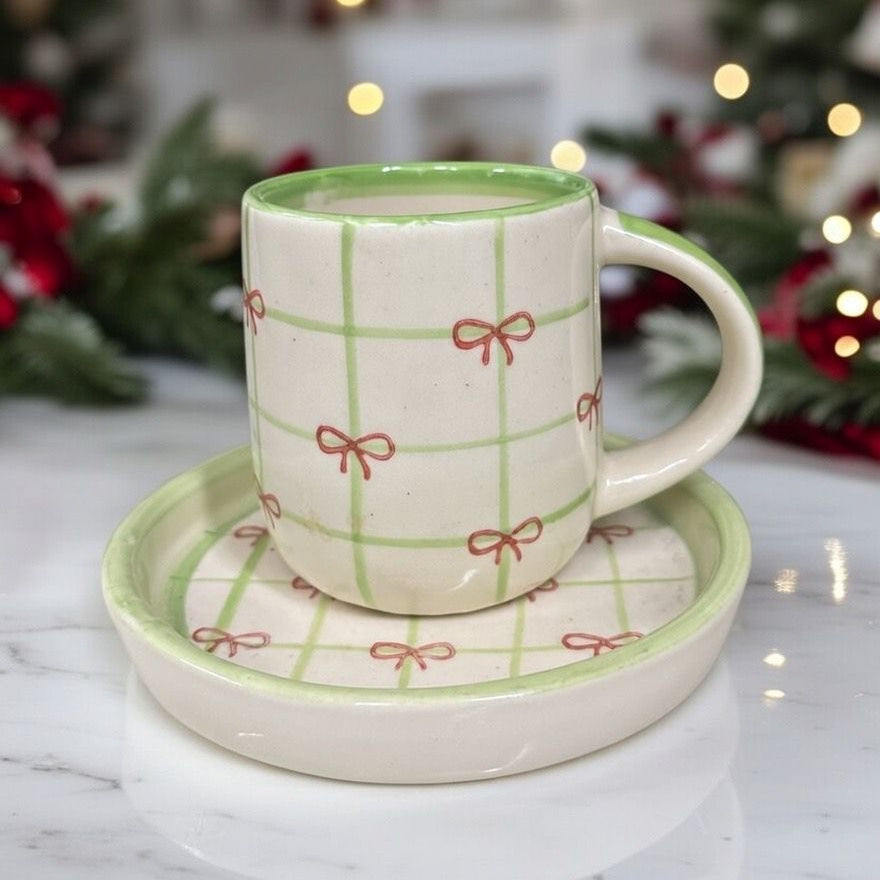 Green Check Red Bow Cup & Saucer