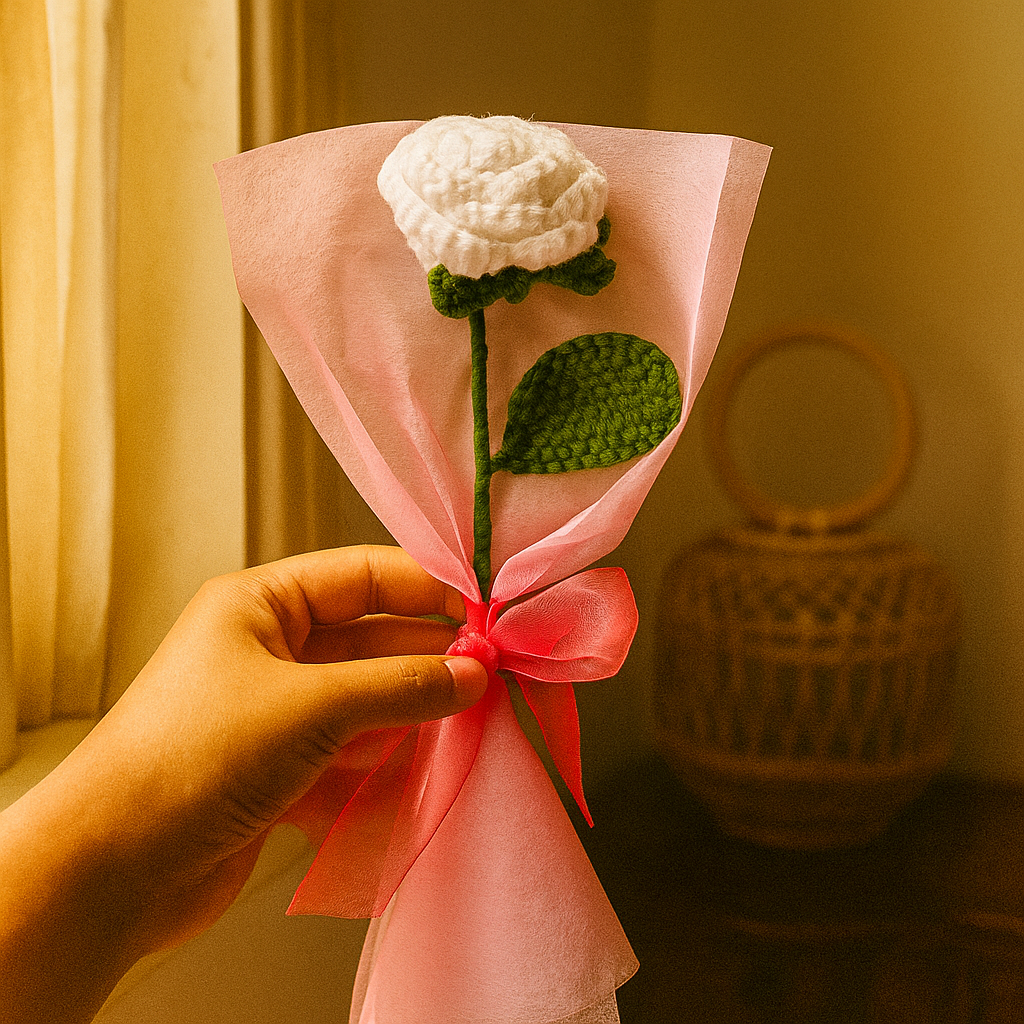 Handmade Crochet White Rose Bouquet