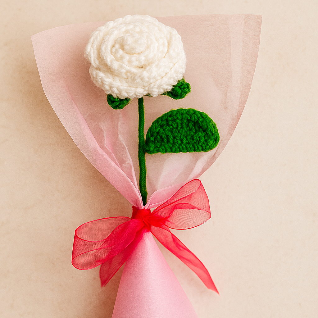 Handmade Crochet White Rose Bouquet