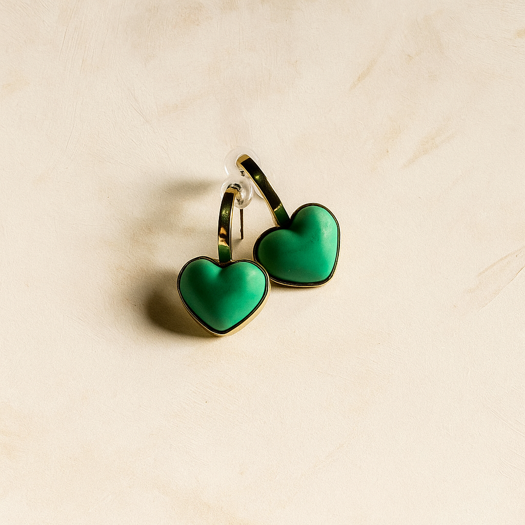 Green Heart Charm Earrings | Anti Tarnish