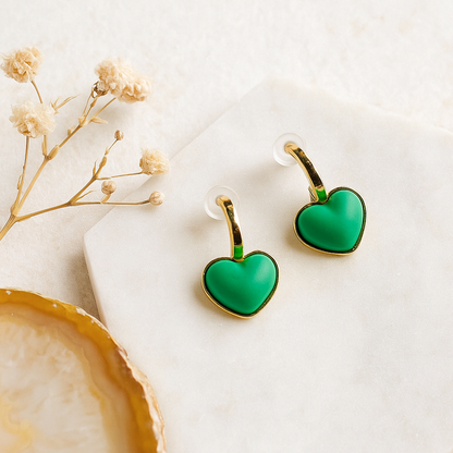 Green Heart Charm Earrings | Anti Tarnish