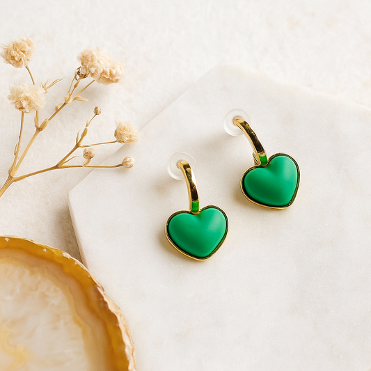 Green Heart Charm Earrings | Anti Tarnish