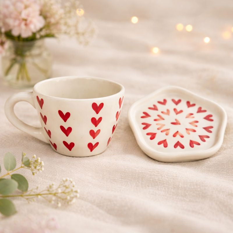 Red Heart Ceramic Mug with Saucer – Sip with Love
