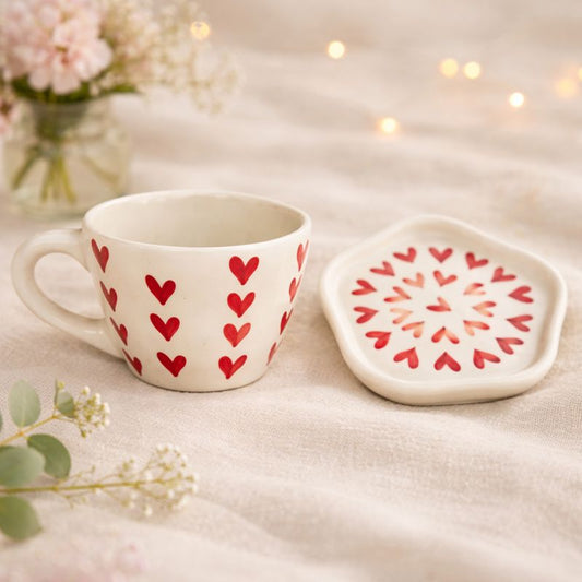 Red Heart Ceramic Mug with Saucer – Sip with Love