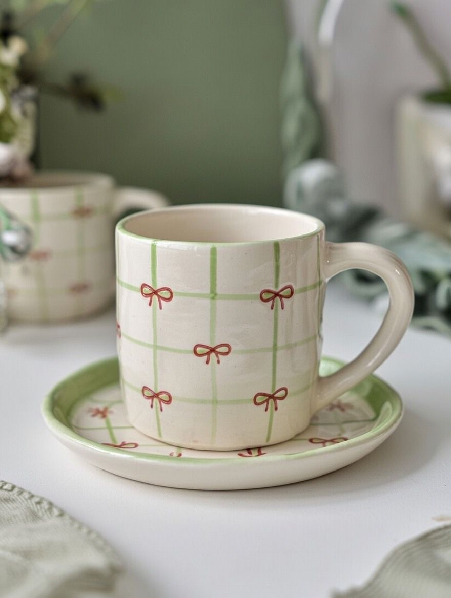 Green Check Red Bow Cup & Saucer