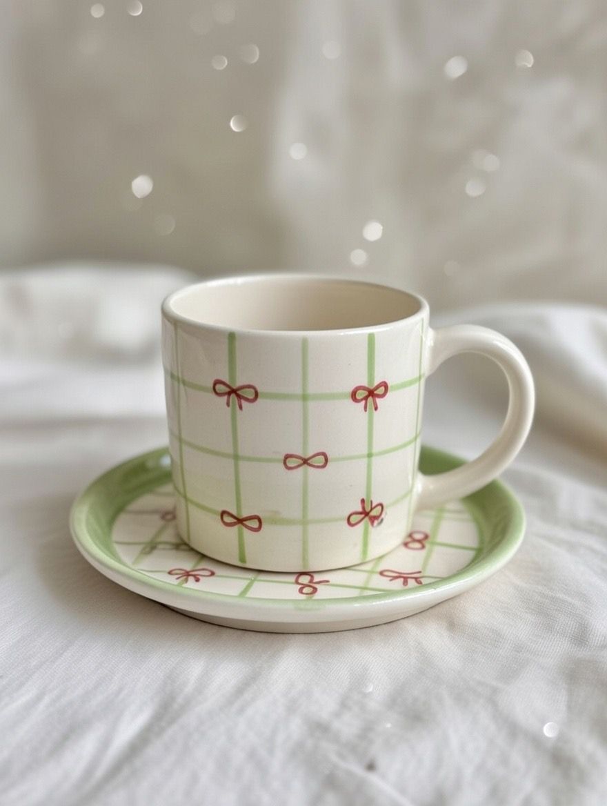 Green Check Red Bow Cup & Saucer