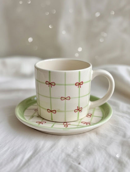 Green Check Red Bow Cup & Saucer
