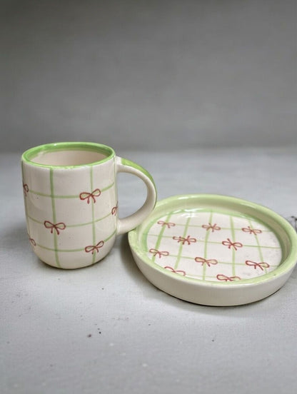 Green Check Red Bow Cup & Saucer