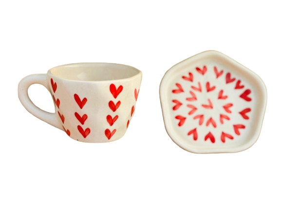 Red Heart Ceramic Mug with Saucer – Sip with Love