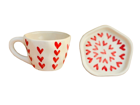 Red Heart Ceramic Mug with Saucer – Sip with Love