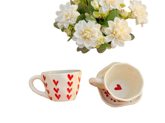 Red Heart Ceramic Mug with Saucer – Sip with Love