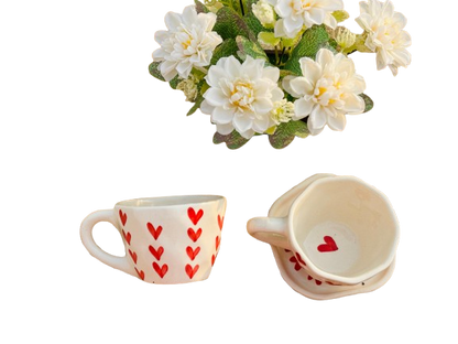 Red Heart Ceramic Mug with Saucer – Sip with Love
