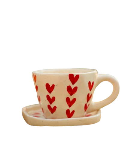 Red Heart Ceramic Mug with Saucer – Sip with Love
